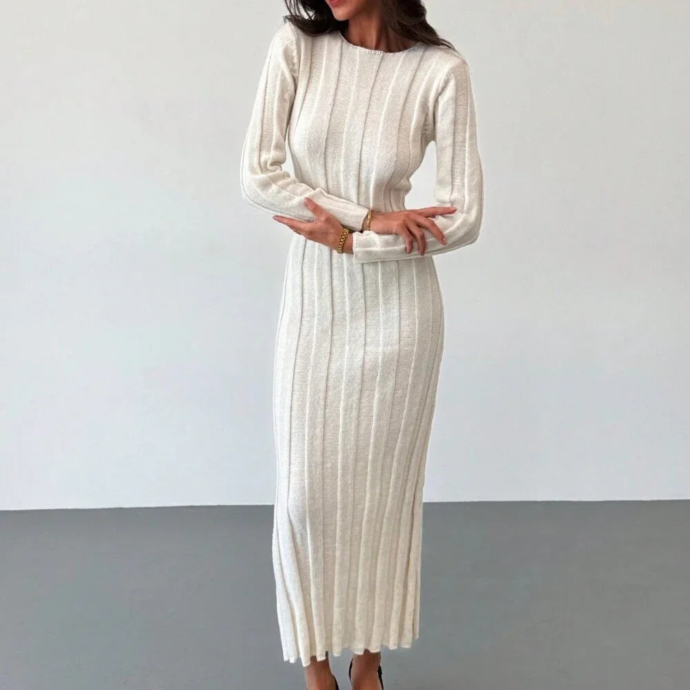 Beige Elegant Women's Crew Neck Long Warm & Comfortable Knit Casual Dress - Picture 7 of 9